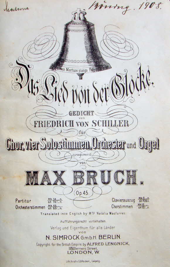 Max Bruch (* 6. Januar 1838 in Kln;  2. Oktober 1920 in Berlin) war ein deutscher Komponist und Dirigent. In der Literatur hat er zwei weitere unterschiedliche Vornamen mit Max Christian Friedrich und mit Max Karl August.

Die Glocke, Oratorium nach Das Lied von der Glocke von Friedrich Schiller, op. 45 (1872) - 39 € mtl./K 350 €