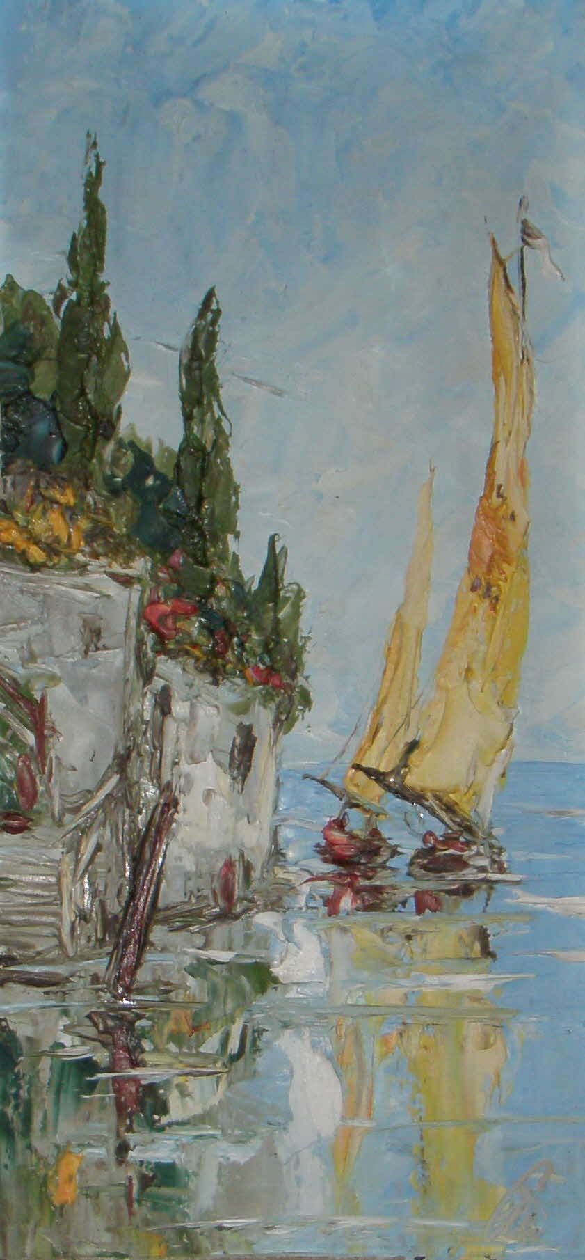 Franco Cilea - zwei Segelboote an der Adria-Steilkste nahe Rimini bei leichtem Wind um 1960 - 50 x 24 cm - 39 € mtl./K 450 €
