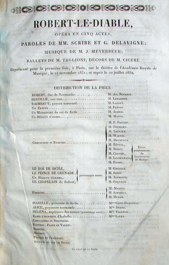 Giacomo Meyerbeer (* 5. September 1791 in Tasdorf, Mark Brandenburg;  2. Mai 1864 in Paris), geboren als Jakob Liebmann Meyer Beer, war ein deutsch-jdischer Komponist und Dirigent.

Robert le diable (Robert der Teufel), Urauffhrung Paris 1831 - 39 € mtl./K 350 €